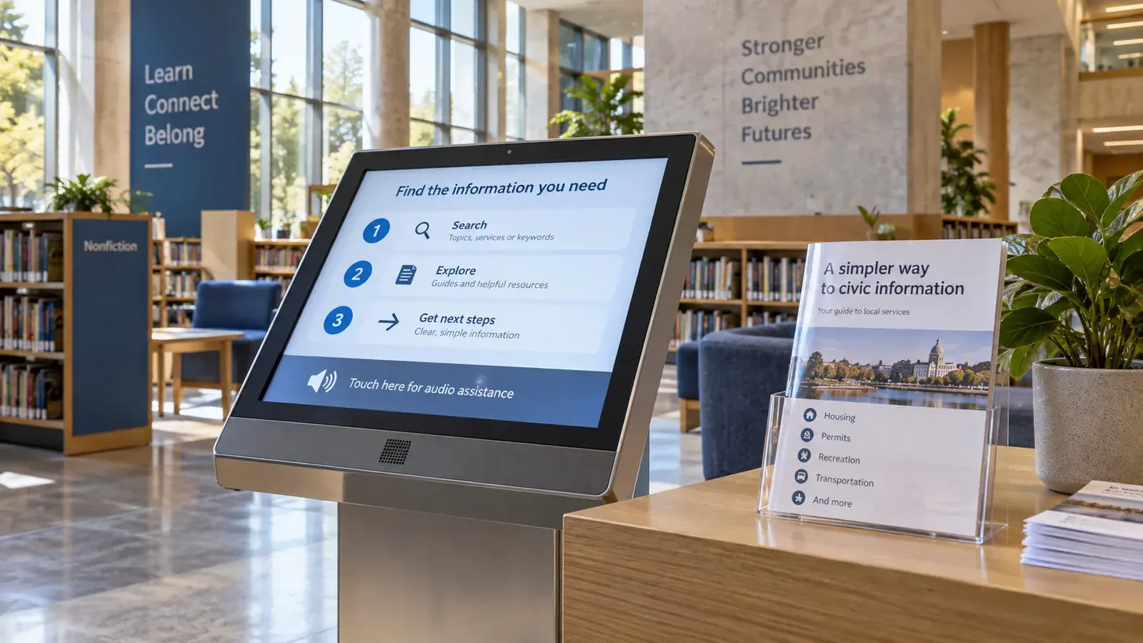 AI-generated concept: An accessible civic information kiosk and printed service guidance.