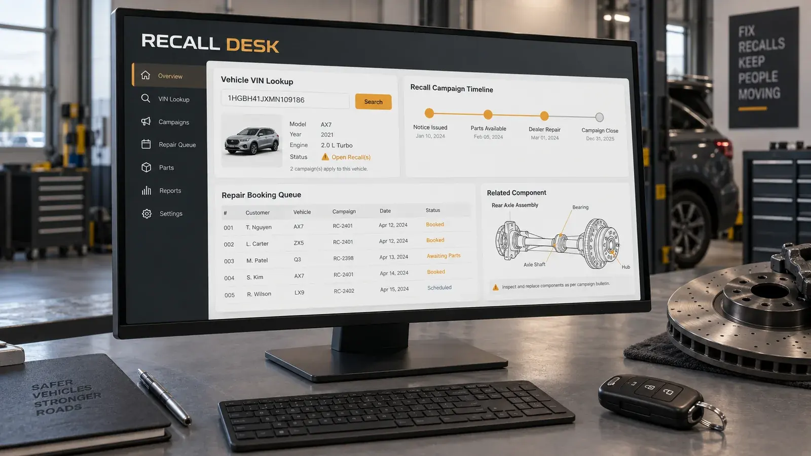 AI-generated concept: A recall coordination screen with a vehicle lookup, campaign timeline and repair booking queue.