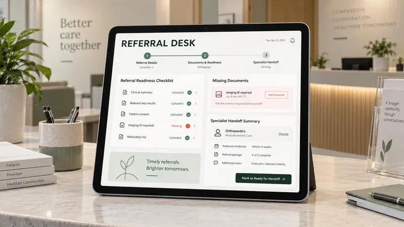 AI-generated concept: A clinic tablet showing a referral checklist, missing records and a specialist handoff.