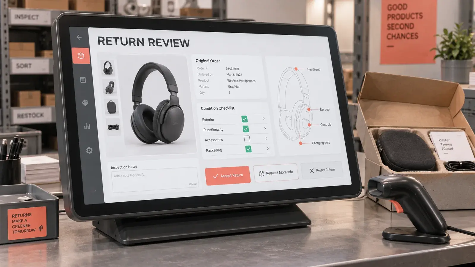 AI-generated concept: A returns inspection tablet comparing a headphone order with its physical condition.