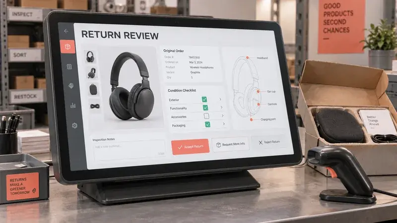 AI-generated concept: A returns inspection tablet comparing a headphone order with its physical condition.