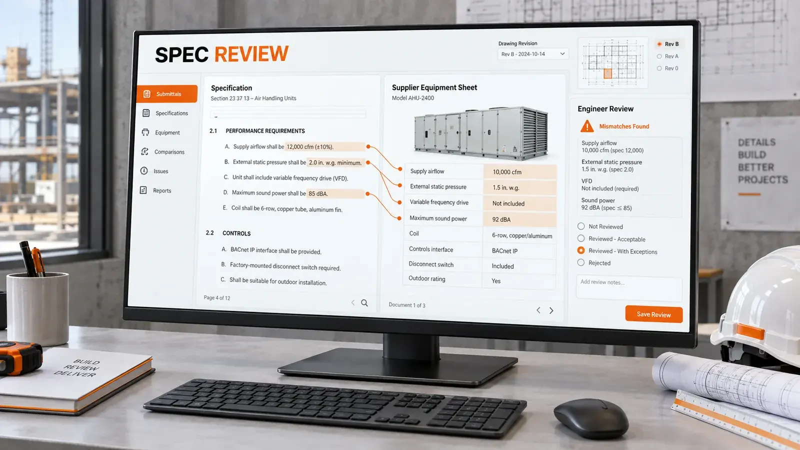 AI-generated concept: A construction workspace comparing an equipment specification with a supplier submittal.