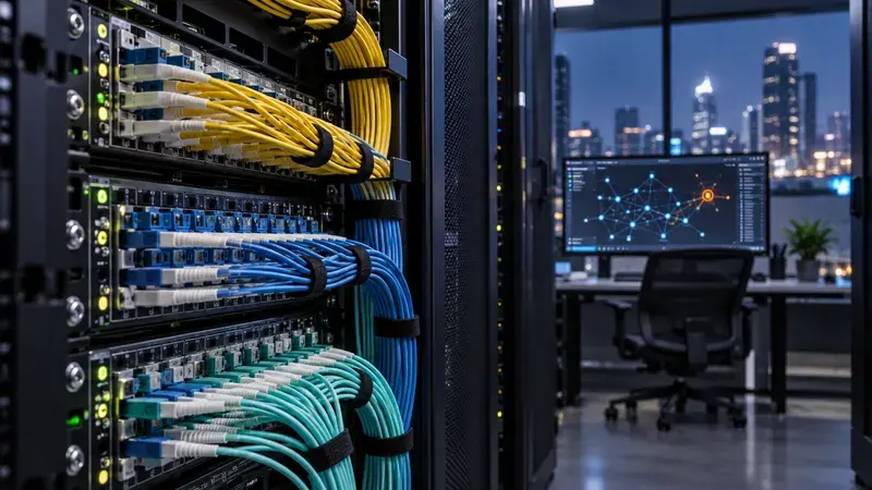 AI-generated concept: Fibre-optic equipment with a network incident topology display.