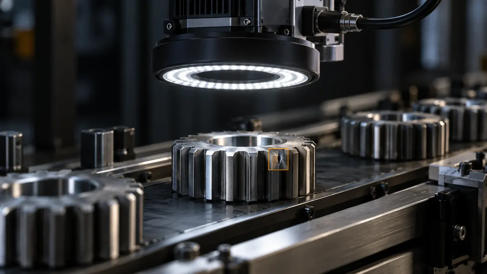 AI-generated concept: A machine vision camera inspecting a metal gear on a conveyor.
