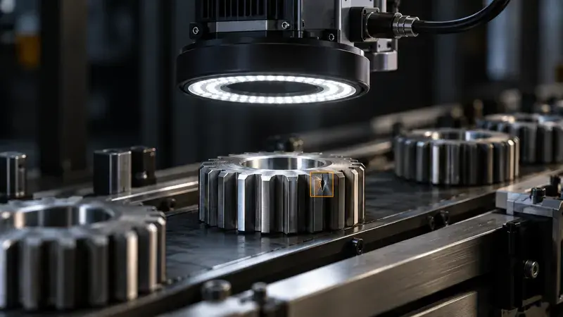 AI-generated concept: A machine vision camera inspecting a metal gear on a conveyor.