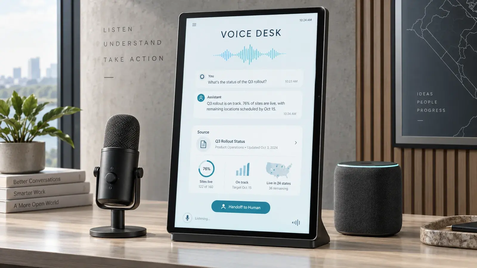 AI-generated concept: A voice assistant tablet with a transcript, source card and human handoff control.