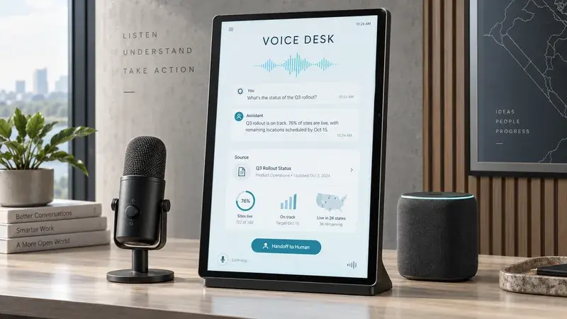 AI-generated concept: A voice assistant tablet with a transcript, source card and human handoff control.