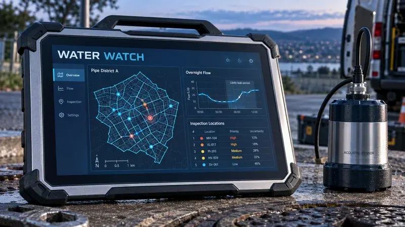 AI-generated concept: A field tablet with a water network map, flow trace and proposed investigation locations.