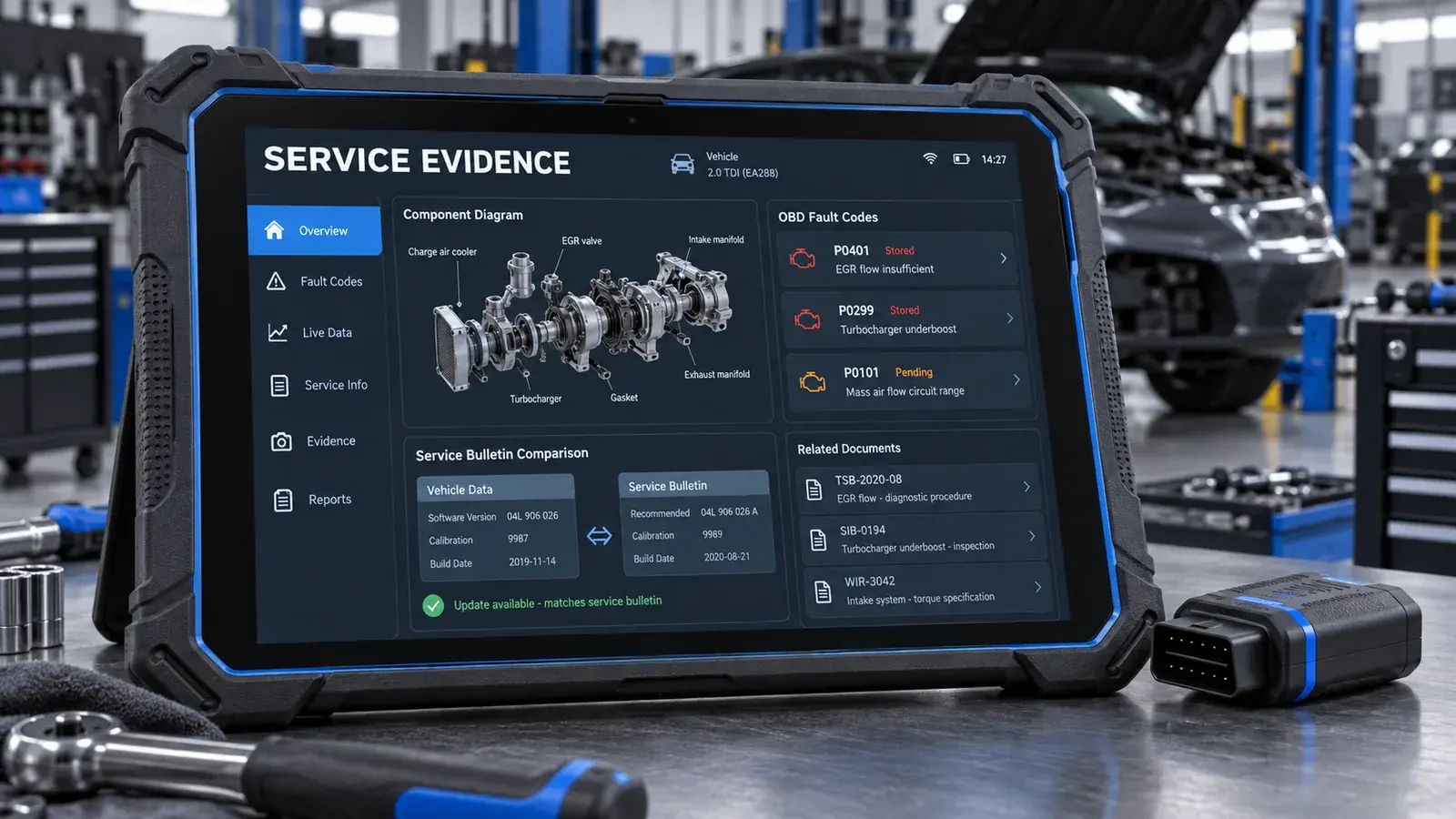 AI-generated concept: A rugged workshop tablet showing engine components, fault-code evidence and service bulletins.