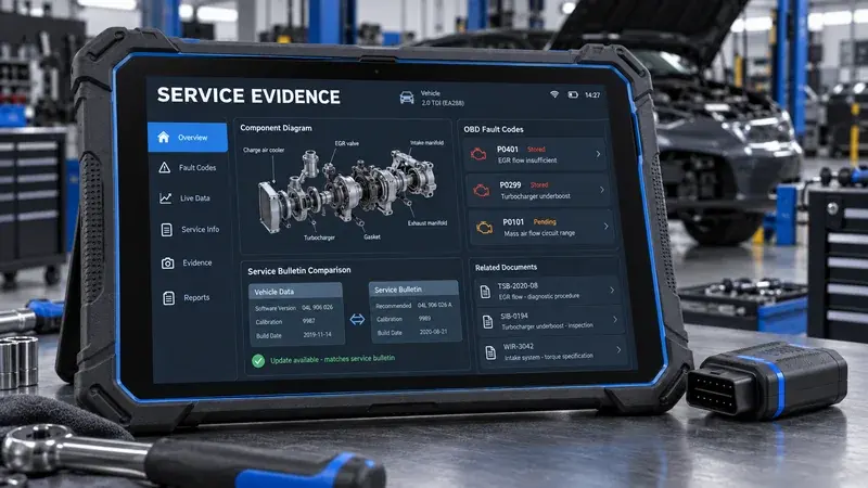 AI-generated concept: A rugged workshop tablet showing engine components, fault-code evidence and service bulletins.