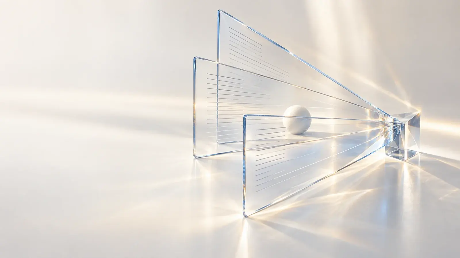 Sculptural glass layers connecting information to a clear focal point