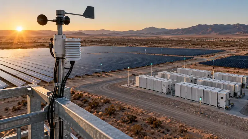 AI-generated concept: Solar panels, battery storage and environmental sensors at dawn.