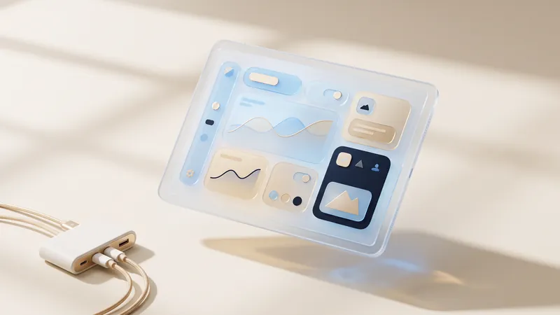 Concept illustration of a floating frosted-glass tablet with abstract panels beside a ceramic hub with gold cables.