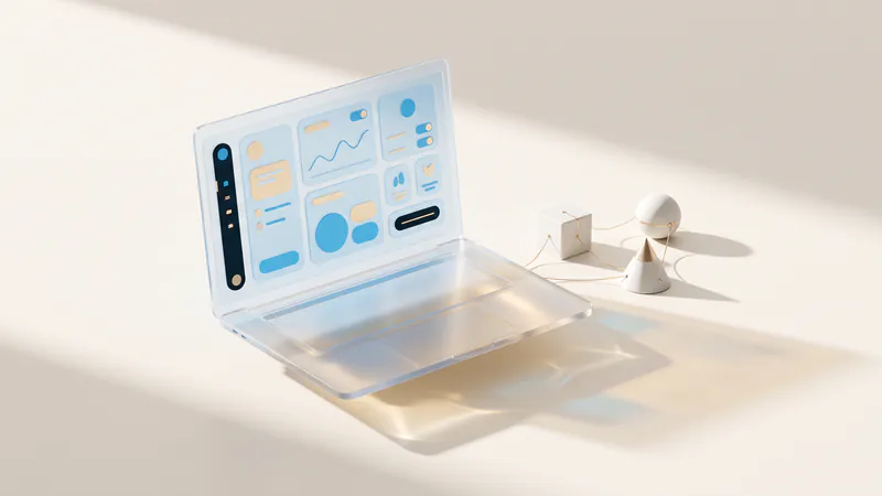 Concept illustration of a glass laptop with abstract charts and a ceramic cube, sphere and cone joined by gold thread.
