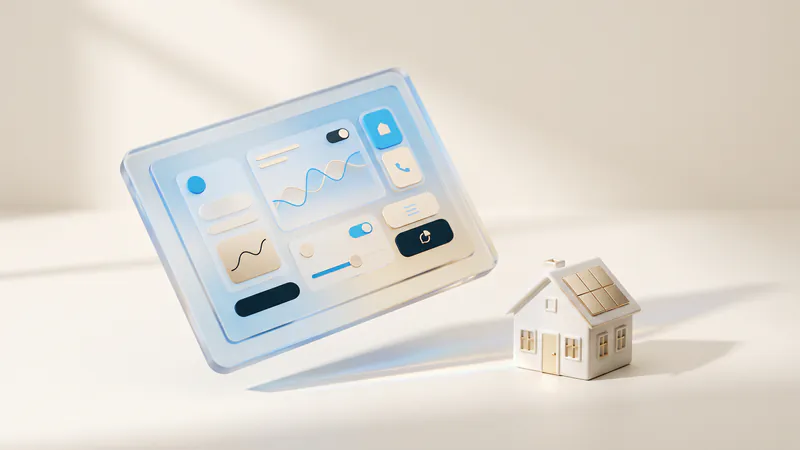 Concept illustration of a ceramic house with gold solar panels beside a frosted-glass tablet with abstract charts.