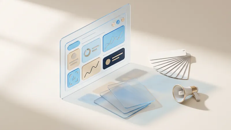 Concept illustration of a glass screen with abstract content cards beside ceramic colour swatches and a megaphone.
