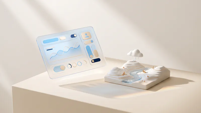 Concept illustration of a ceramic landscape with a glass river and cloud beside a glass tablet with abstract charts.