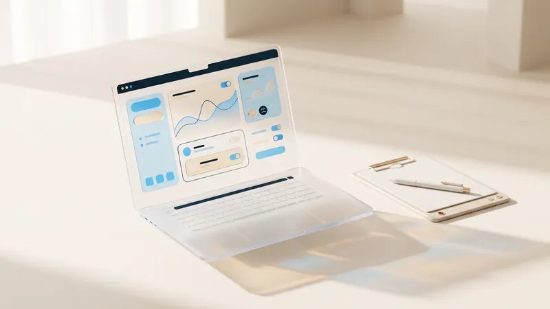 Concept illustration of a ceramic clipboard and a slim pen beside a frosted-glass laptop with abstract charts.