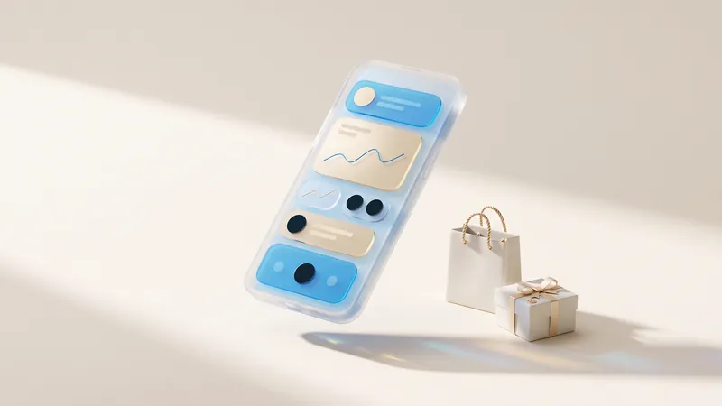 Concept illustration of a frosted-glass phone with abstract product cards beside a ceramic shopping bag and gift box.