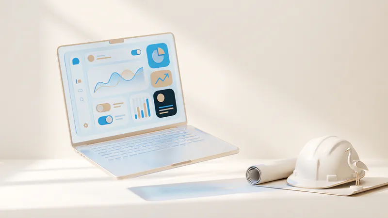 Concept illustration of a ceramic hard hat, rolled blueprint and heron figurine beside a laptop with abstract charts.