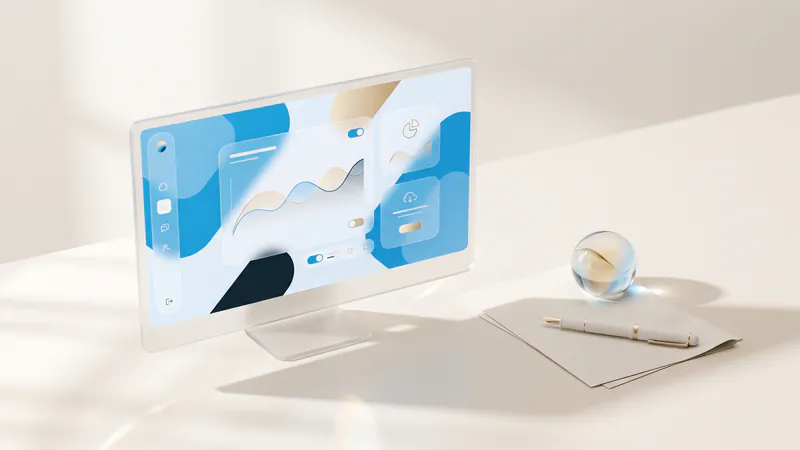 Concept illustration of a fountain pen and glass paperweight on paper beside a glass monitor with abstract charts.