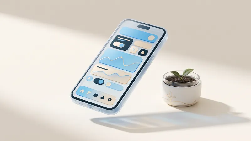 Concept illustration of a glass phone with abstract field cards beside a seedling in a ceramic pot.