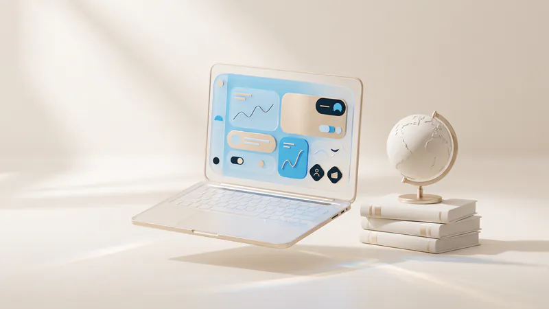 Concept illustration of a desk globe on three ceramic books beside an ivory laptop with abstract interface tiles.