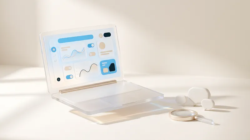 Concept illustration of a glass laptop with abstract charts beside ceramic speech bubbles and a gold-rimmed lens.