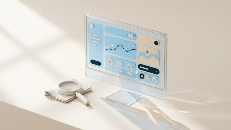 Concept illustration of a ceramic magnifying glass on folded paper beside a frosted-glass monitor with abstract tiles.