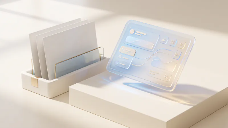 Concept illustration of blank sheets in a ceramic tray with a glass divider beside a glass tablet of abstract tiles.