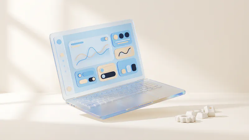 Concept illustration of loose ceramic keycaps and a small gear beside a frosted-glass laptop with abstract charts.