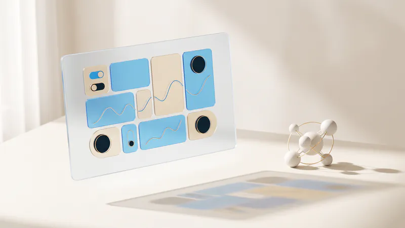 Concept illustration of a ceramic sphere network with gold rings beside a floating glass screen of abstract tiles.