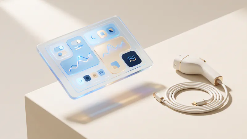 Concept illustration of an ivory EV charging connector and coiled cable beside a glass tablet with abstract charts.