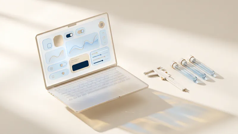 Concept illustration of ceramic calipers and three glass test tubes beside an ivory laptop with abstract charts.