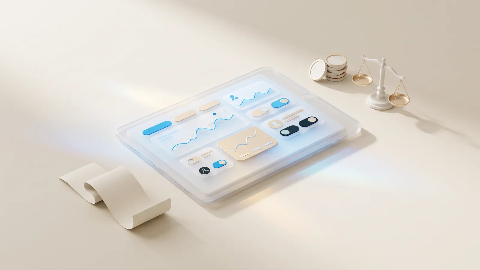 Concept illustration of a glass tablet with abstract panels beside a receipt slip, ceramic coins and balance scales.