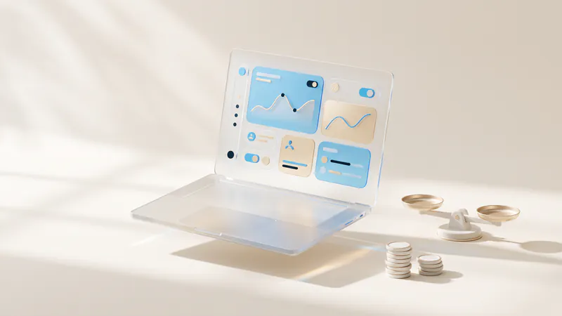 Concept illustration of ceramic coins and a gold-pan balance scale beside a frosted-glass laptop with abstract charts.