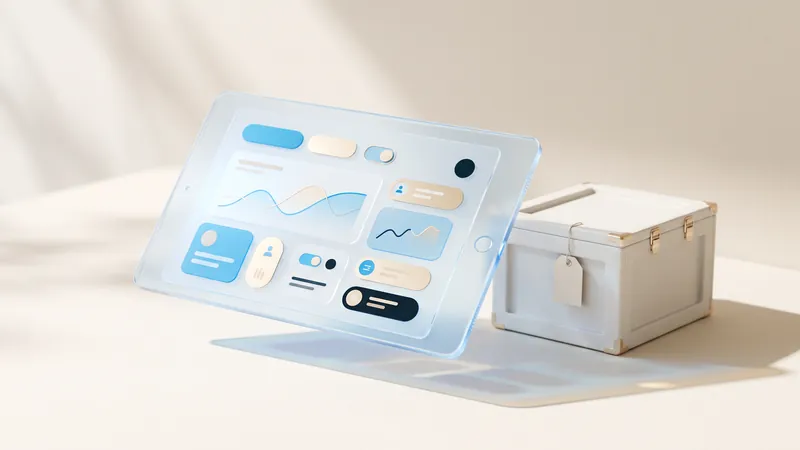 Concept illustration of a glass tablet with abstract document checks beside a ceramic freight crate with a tag.
