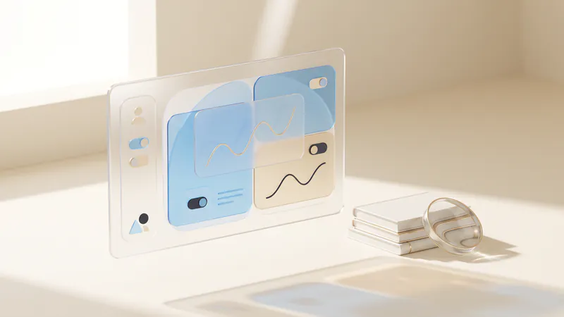 Concept illustration of ceramic books and a glass lens beside a floating frosted-glass screen with abstract charts.