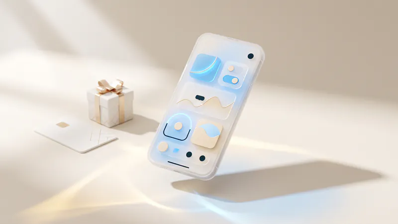 Concept illustration of a ceramic gift box and a blank key card beside a frosted-glass phone with abstract shapes.