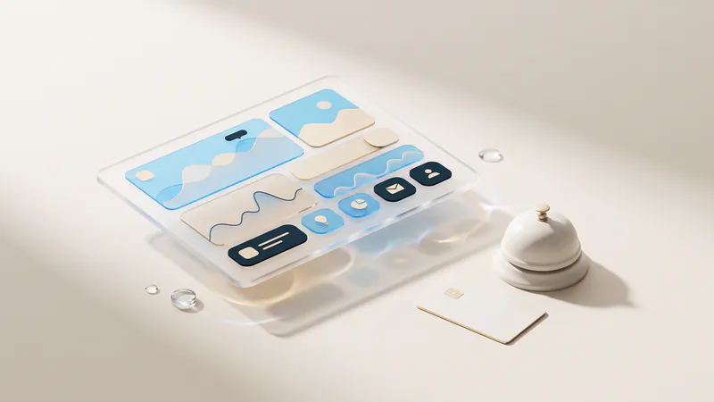 Concept illustration of a ceramic service bell and a blank key card beside a frosted-glass tablet with abstract tiles.