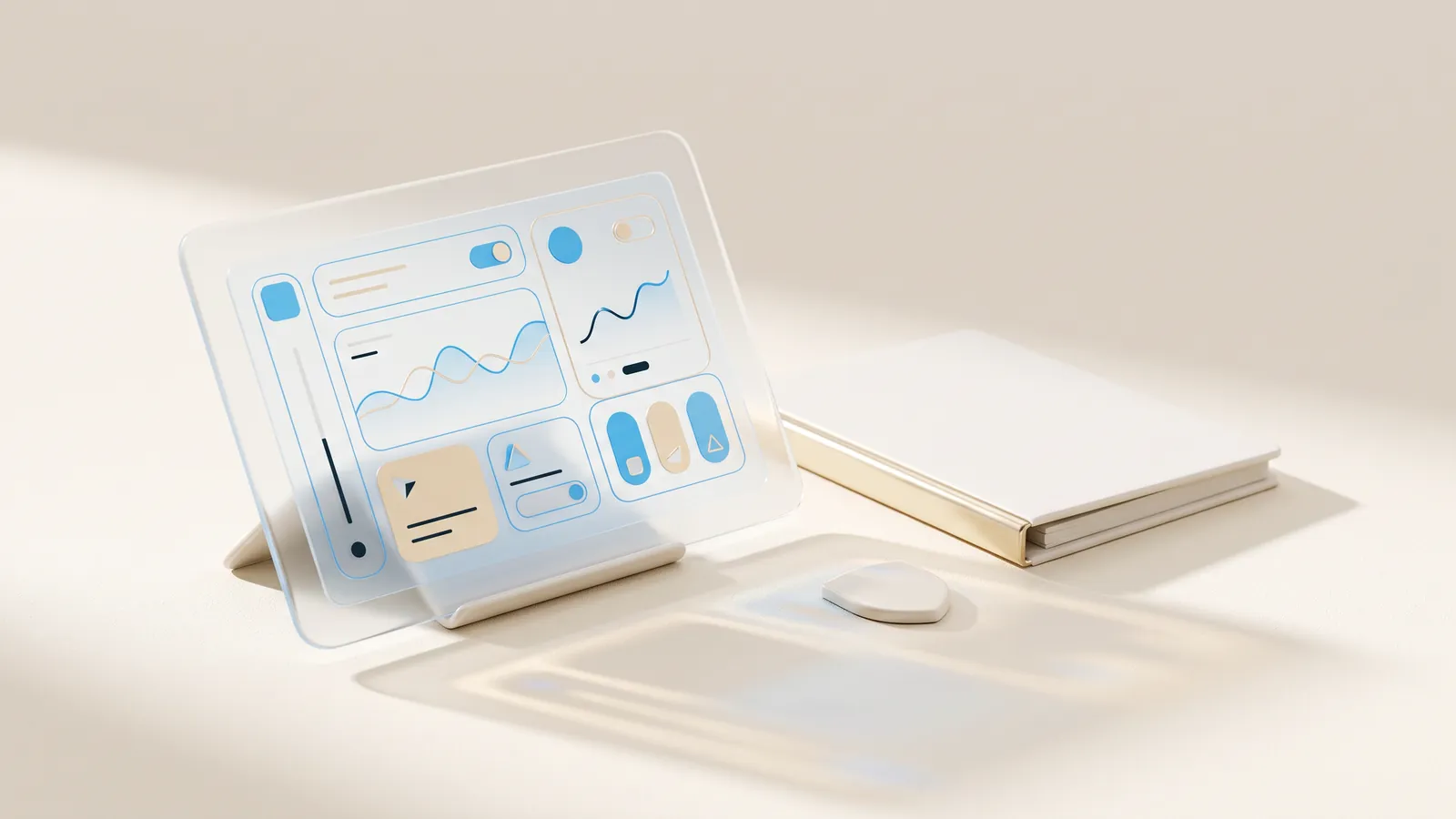 Concept illustration of a glass tablet on a ceramic stand beside a closed ceramic binder with a gold spine.