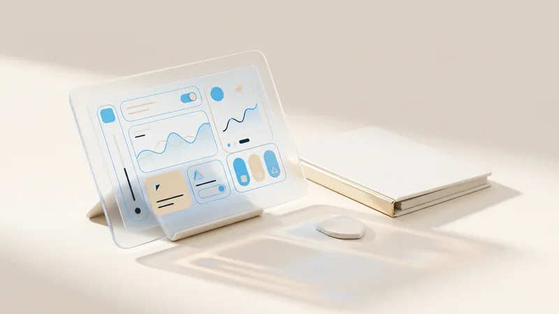 Concept illustration of a glass tablet on a ceramic stand beside a closed ceramic binder with a gold spine.