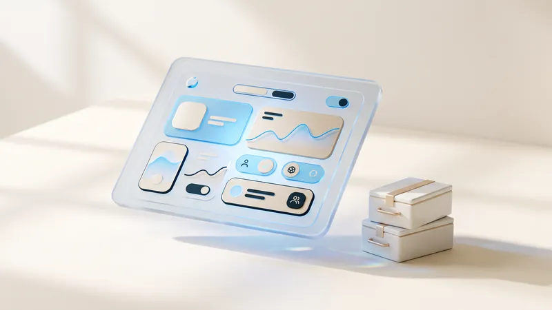 Concept illustration of a floating glass tablet with abstract charts beside two stacked ceramic storage boxes.