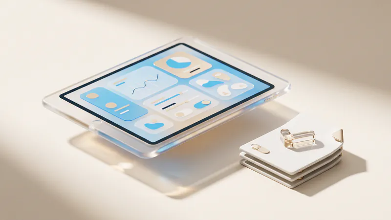 Concept illustration of stacked ceramic sheets and a glass token beside a frosted-glass tablet with abstract charts.