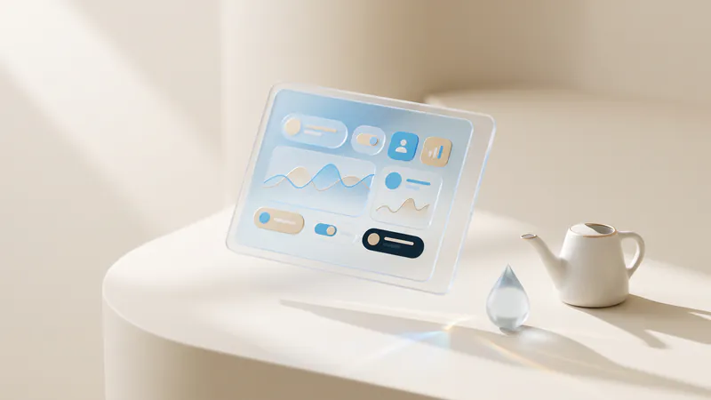 Concept illustration of a ceramic watering can and a glass droplet beside a frosted-glass tablet with abstract charts.