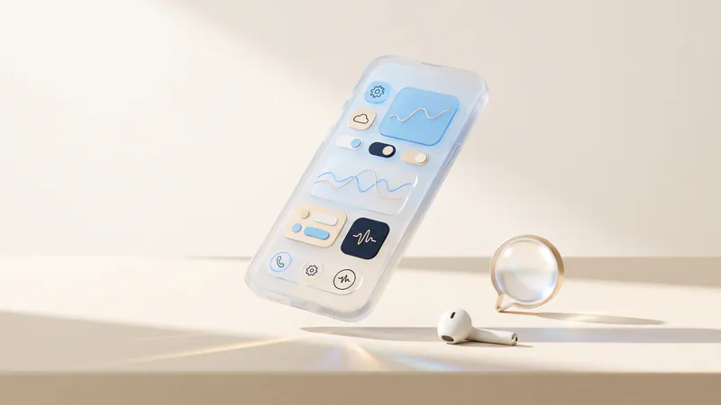 Concept illustration of a white earbud and a glass speech bubble beside a frosted-glass phone with abstract icons.