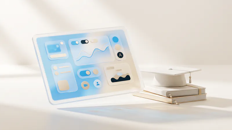 Concept illustration of a ceramic graduation cap on two notebooks beside a frosted-glass tablet with abstract charts.