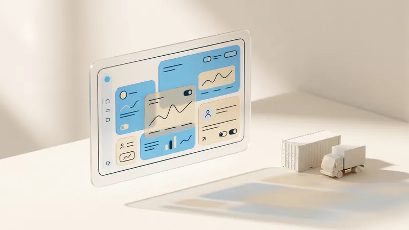 Concept illustration of a glass screen with abstract status cards beside a ceramic shipping container and truck.