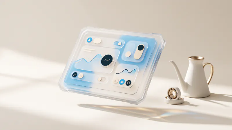 Concept illustration of a ceramic oil can and a machine bearing beside a rugged glass tablet with abstract charts.