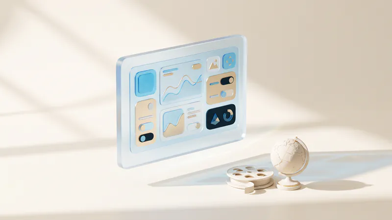 Concept illustration of a ceramic film reel and a desk globe beside a floating frosted-glass screen of abstract tiles.